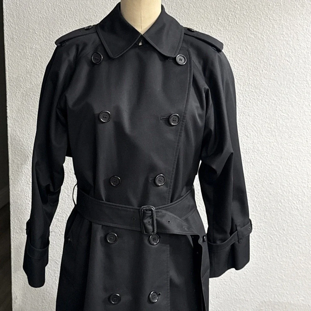 Vintage Burberrys Nova Check Belted Trench Coat Lined Black 8 Petite Wool Liner - Picture 2 of 16